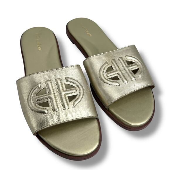 Cole Haan Flynn Logo Slide Sandals Size 10 Metallic Gold Cut out Flats - Picture 3 of 13